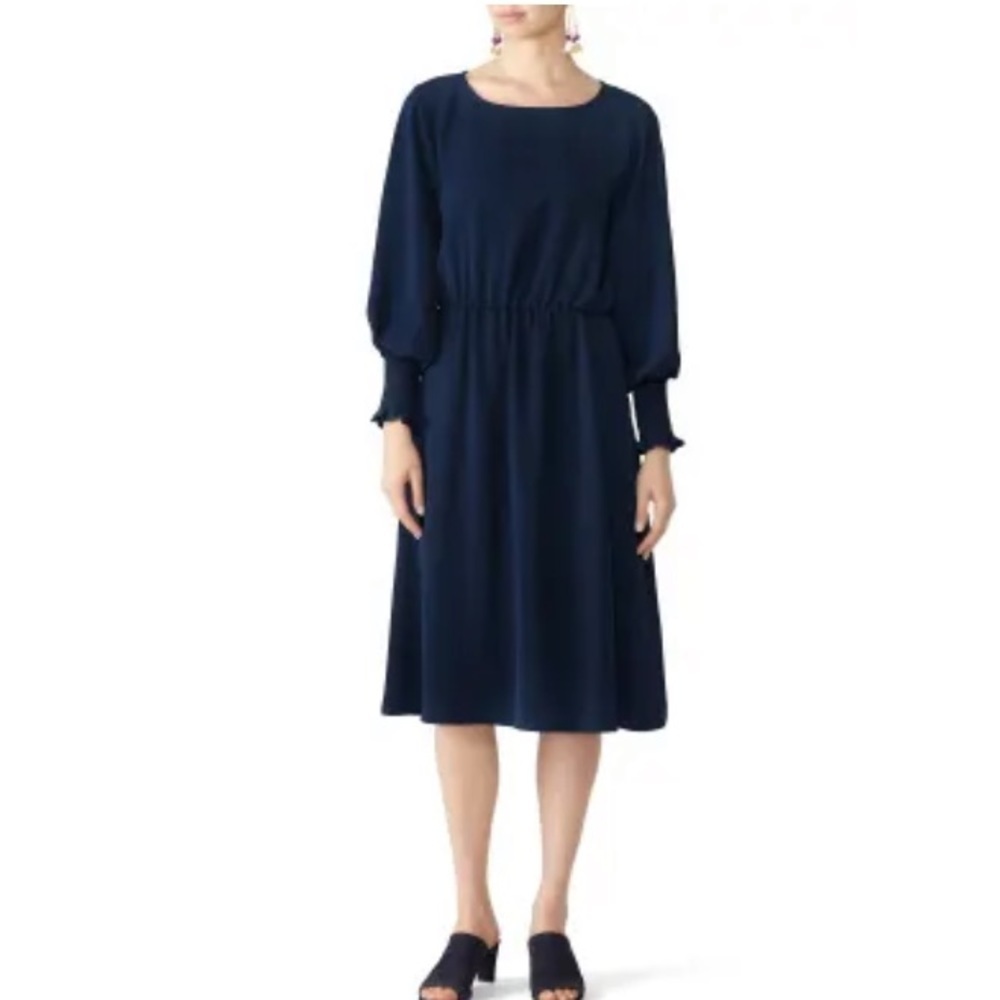 Jay Godfrey Navy Blue Smocked Puff Sleeve Midi Dress Size 2